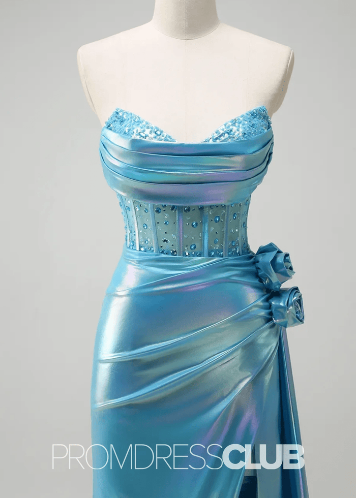 Phyllis |Metallic White Prom Dresses Near Me With Strapless Mermaid Beaded Corset Cape - Price #price_variant_lowest# - Light Blue - PromDressClub