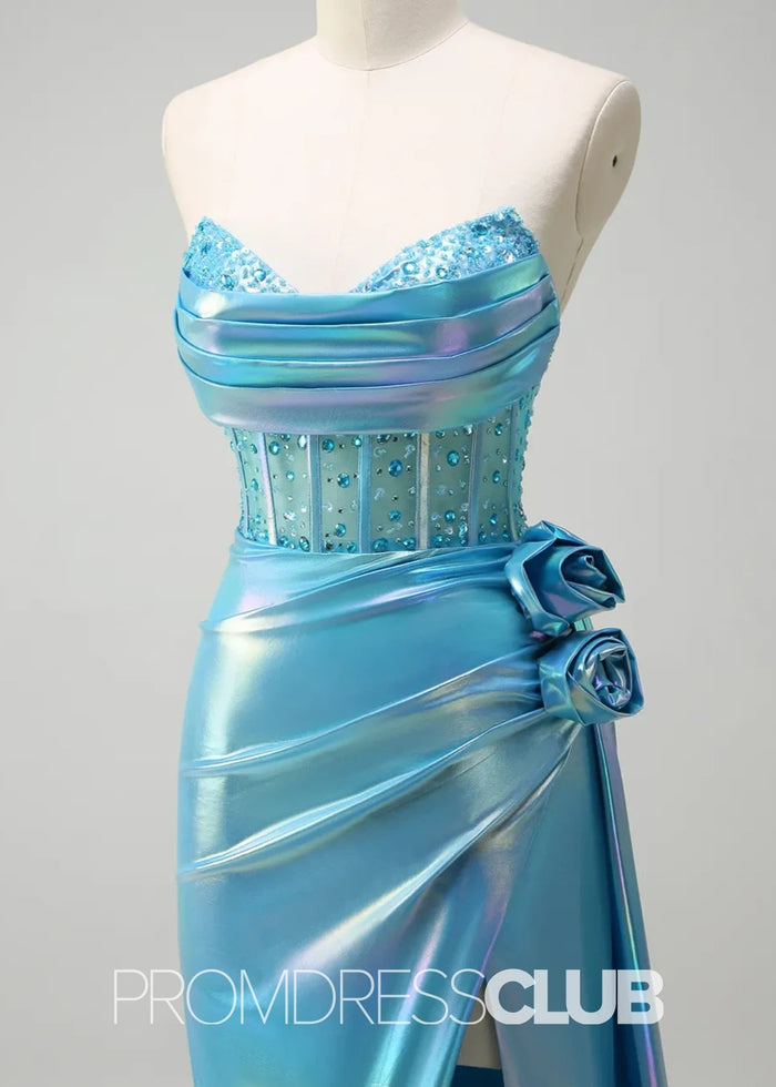 Phyllis |Metallic White Prom Dresses Near Me With Strapless Mermaid Beaded Corset Cape - Price #price_variant_lowest# - Light Blue - PromDressClub