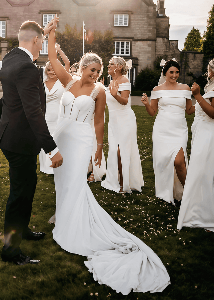 Phyllis | Sheath Column White Satin Pleats Long Bridesmaid Dress - Price #price_variant_lowest# - White - PromDressClub