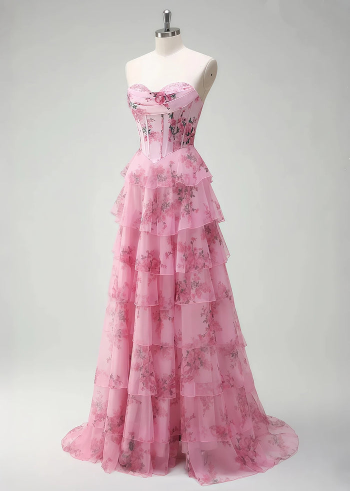 Pia Corset Hot Pink Floral Prom Dress Ruffles | A - Line Strapless Lace Detail Slit Formal Dress - Hot Pink Floral - PromDressClub