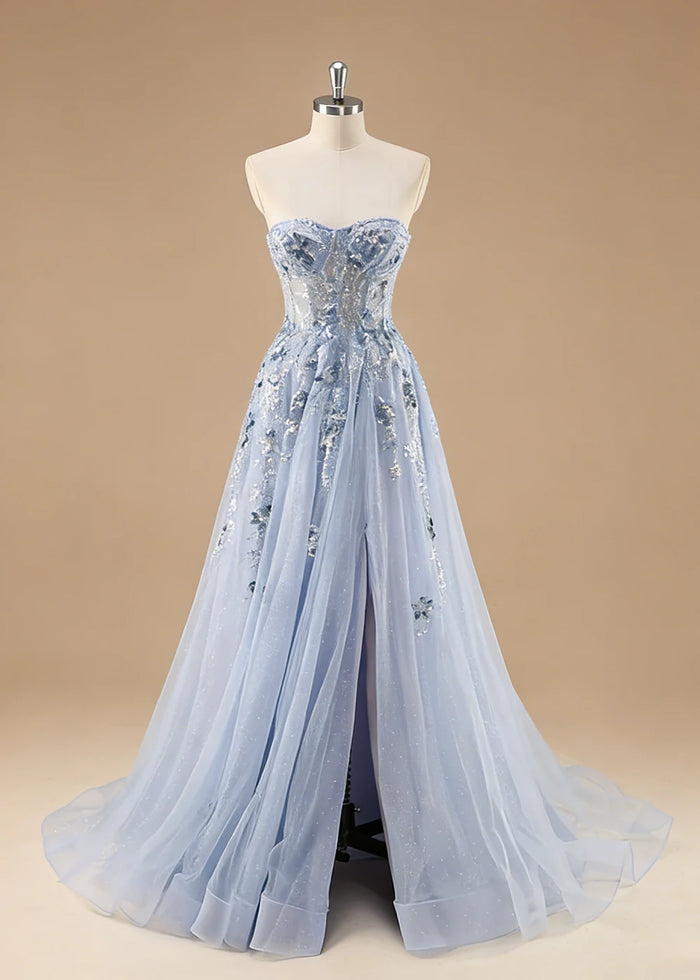 Pippa Sequin Blue Corset Dress Prom | A - Line Strapless Sweetheart Neckline Tulle Formal Dress with Appliques - Blue - PromDressClub