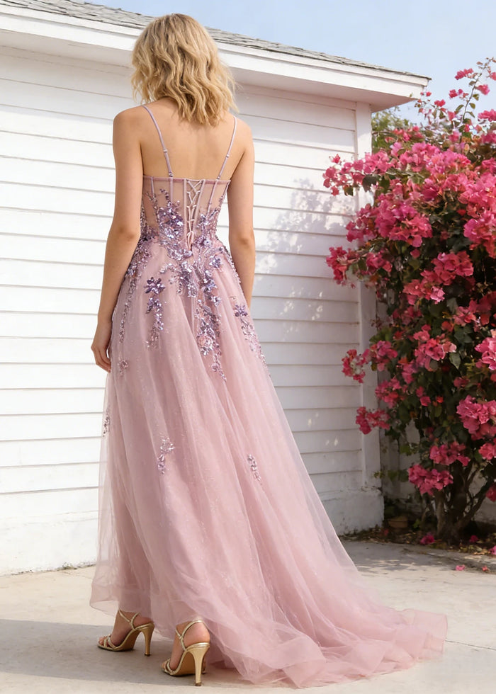 Pippa Sequin Dusty Rose Corset Dress Prom | A - Line Strapless Sweetheart Neckline Tulle Formal Dress with Appliques - Dusty Rose - PromDressClub
