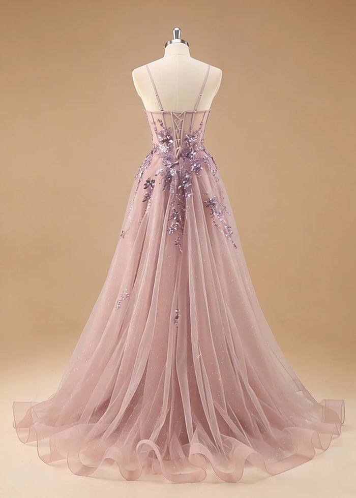 Pippa Sequin Dusty Rose Corset Dress Prom | A - Line Strapless Sweetheart Neckline Tulle Formal Dress with Appliques - Dusty Rose - PromDressClub