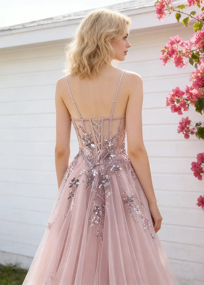 Pippa Sequin Dusty Rose Corset Dress Prom | A - Line Strapless Sweetheart Neckline Tulle Formal Dress with Appliques - Dusty Rose - PromDressClub