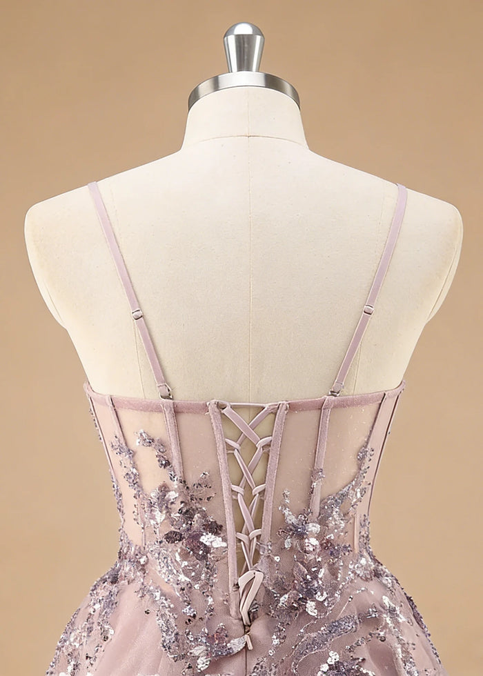Pippa Sequin Dusty Rose Corset Dress Prom | A - Line Strapless Sweetheart Neckline Tulle Formal Dress with Appliques - Dusty Rose - PromDressClub