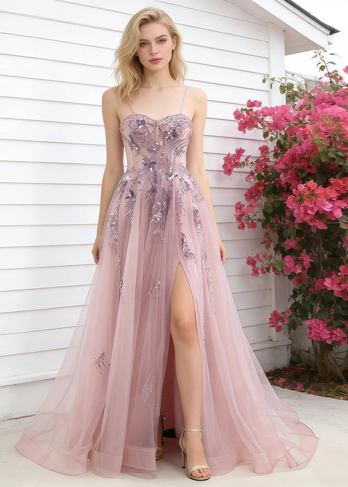 Pippa Sequin Dusty Rose Corset Dress Prom | A - Line Strapless Sweetheart Neckline Tulle Formal Dress with Appliques - Dusty Rose - PromDressClub