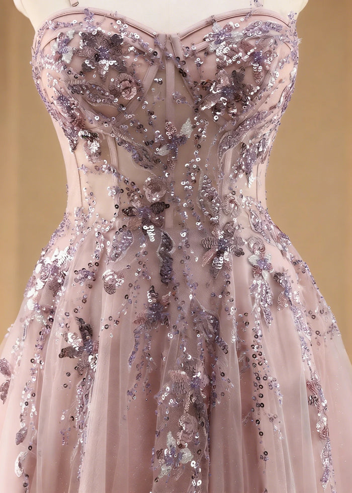 Pippa Sequin Dusty Rose Corset Dress Prom | A - Line Strapless Sweetheart Neckline Tulle Formal Dress with Appliques - Dusty Rose - PromDressClub