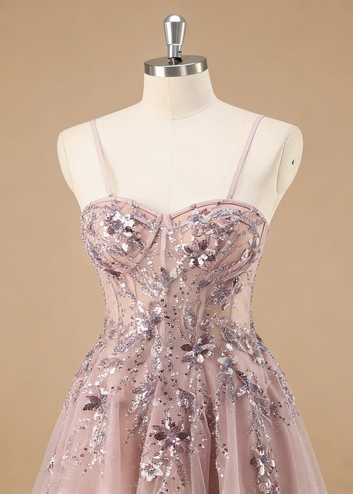 Pippa Sequin Dusty Rose Corset Dress Prom | A - Line Strapless Sweetheart Neckline Tulle Formal Dress with Appliques - Dusty Rose - PromDressClub