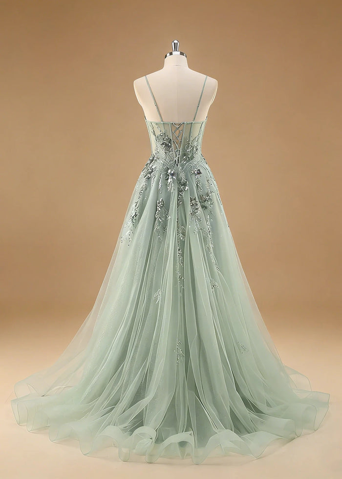 Pippa Sequin Sage Green Corset Dress Prom | A - Line Strapless Sweetheart Neckline Tulle Formal Dress with Appliques - Sage Green - PromDressClub
