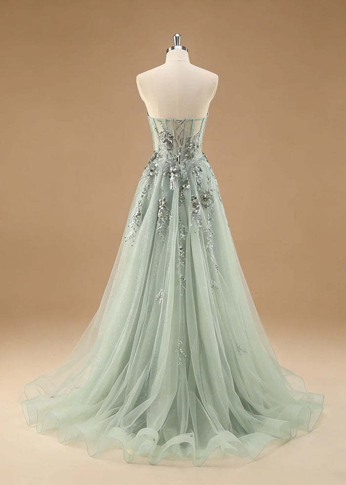 Pippa Sequin Sage Green Corset Dress Prom | A - Line Strapless Sweetheart Neckline Tulle Formal Dress with Appliques - Sage Green - PromDressClub