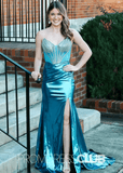 Polly |Long Metallic Peacock Blue Prom Dresses Websites With Sweetheart Mermaid Beaded Slit - Peacock - PromDressClub