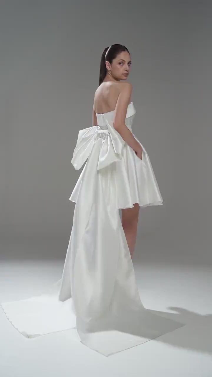 Lillian | Elegant Short Satin Strapless Wedding Dress with Bow Back Detail