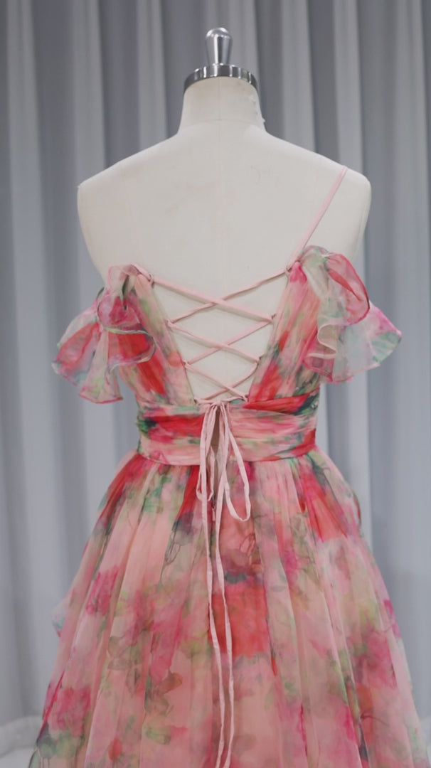 A Line Light Pink Floral High Low Formal Dress