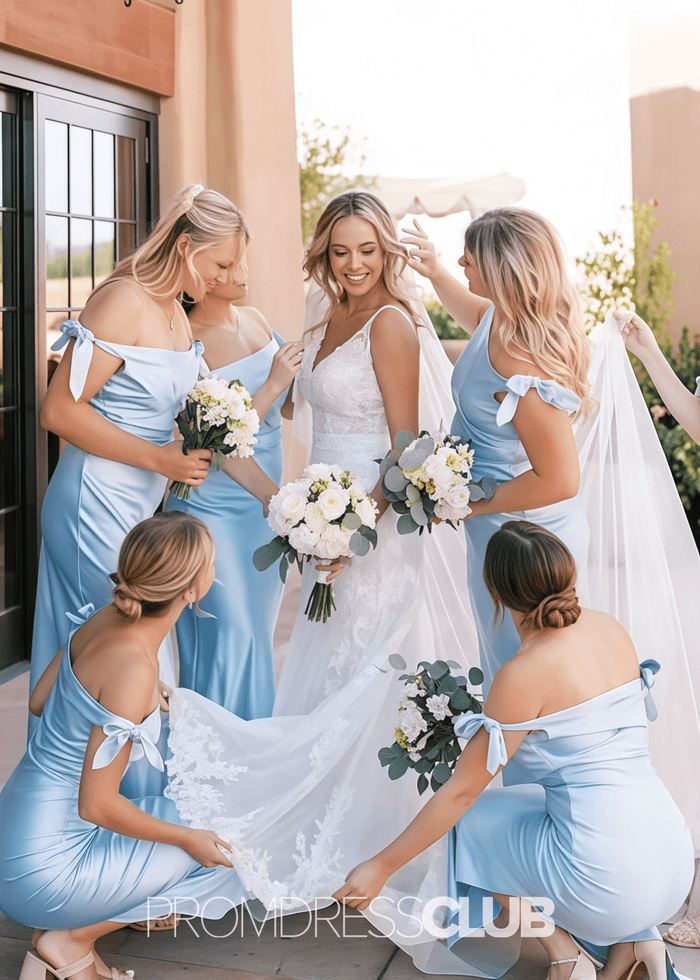 Prima | Sheath Column Bow Pleated Light Blue Satin Long Bridesmaid Dress - Price #price_variant_lowest# - Light Blue - PromDressClub