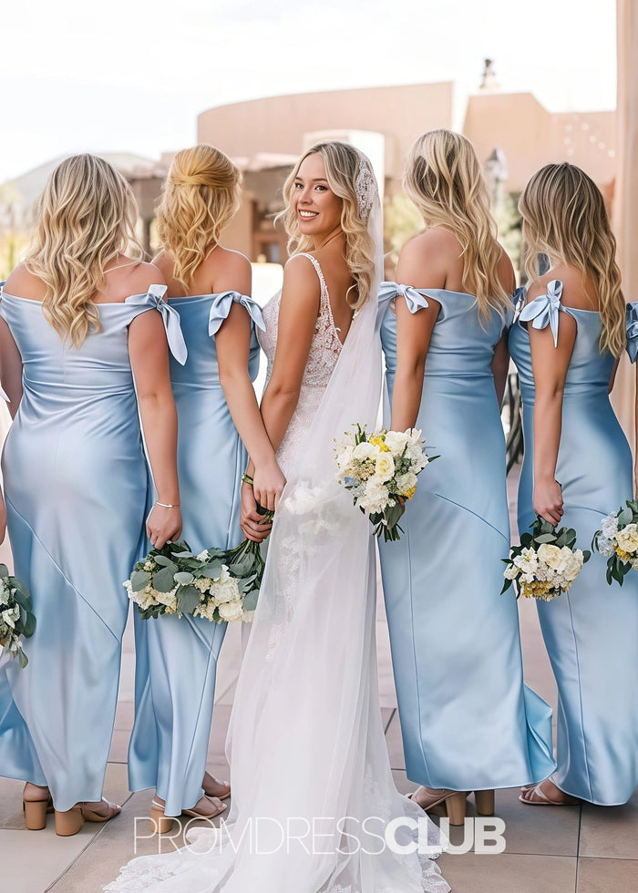 Prima | Sheath Column Bow Pleated Light Blue Satin Long Bridesmaid Dress - Price #price_variant_lowest# - Light Blue - PromDressClub