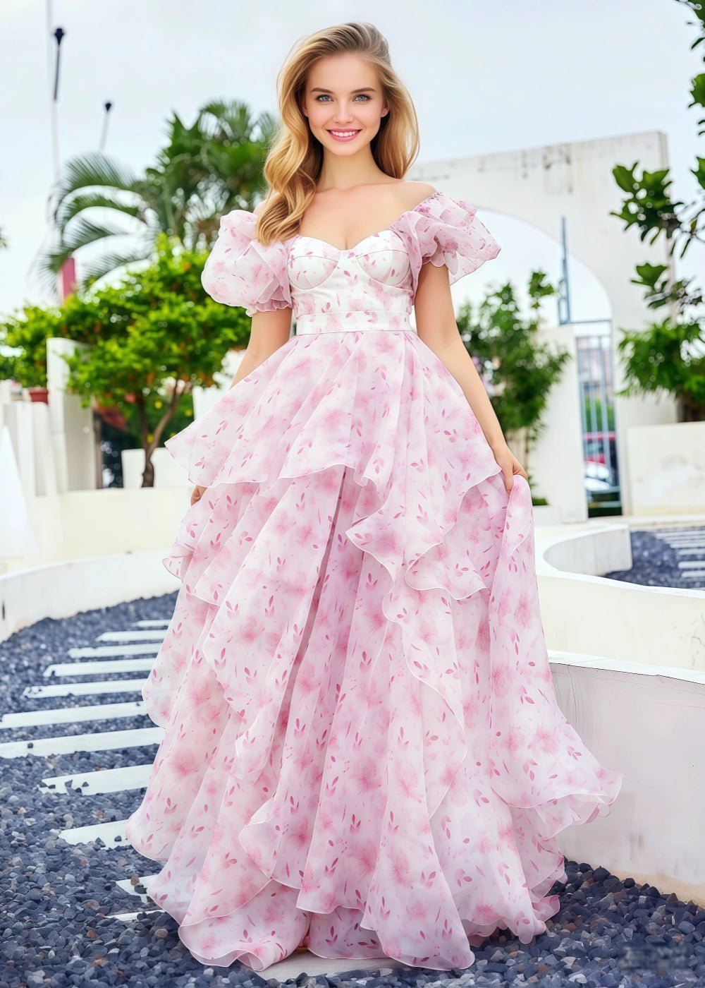 Princess Light Pink Floral Off the Shoulder Strapless Formal Dress - Light Pink Floral - PromDressClub