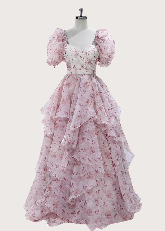 Princess Light Pink Floral Off the Shoulder Strapless Formal Dress - Light Pink Floral - PromDressClub