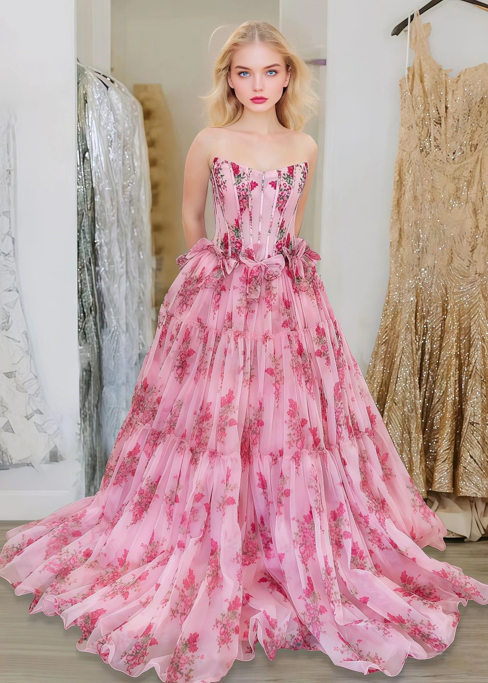 Princess Light Pink Print Floral Strapless Corset Formal Dress - Light Pink Floral - PromDressClub