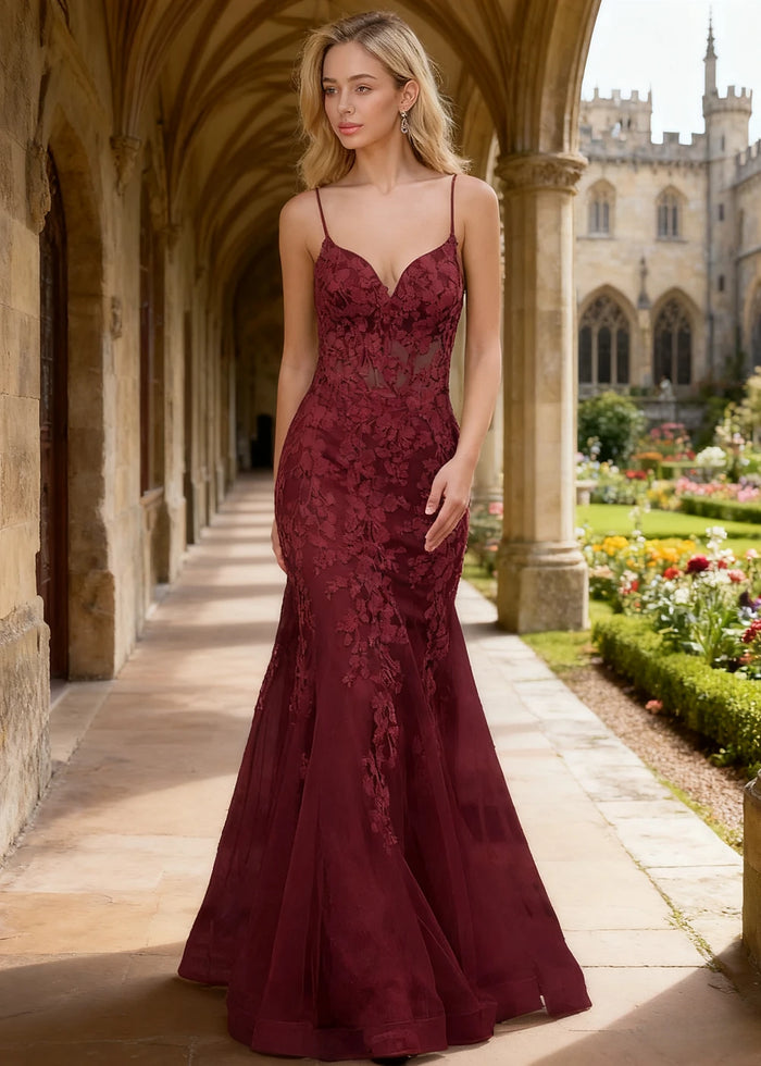 Quinn Burgundy Flower Mermaid Prom Dress | Spaghetti Strap V - Neck Open Back Tulle Gown - Burgundy - PromDressClub