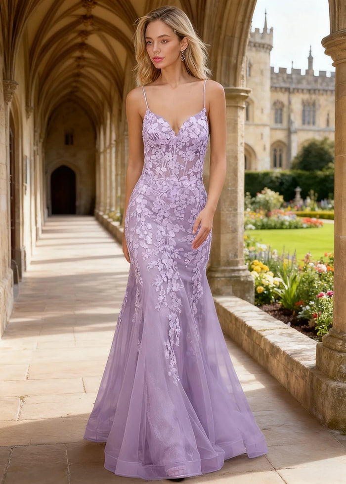 Quinn Lavender Flower Mermaid Prom Dress | Spaghetti Strap V - Neck Open Back Tulle Gown - Lavender - PromDressClub