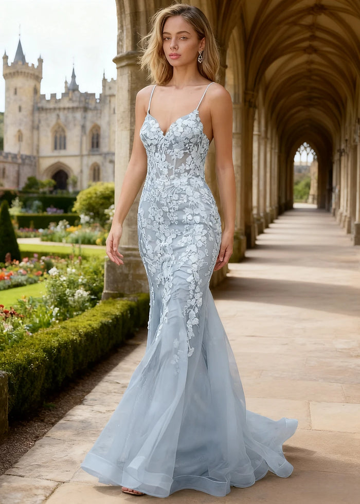 Quinn Light Blue Flower Mermaid Prom Dress | Spaghetti Strap V - Neck Open Back Tulle Gown - Light Blue - PromDressClub