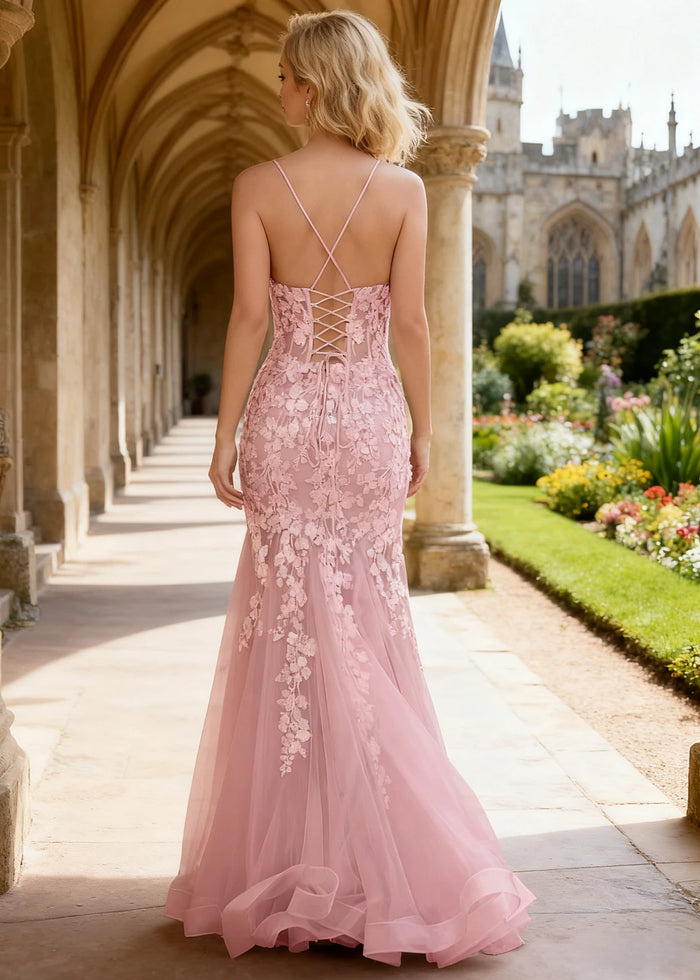 Quinn Pink Flower Mermaid Prom Dress | Spaghetti Strap V - Neck Open Back Tulle Gown - Pink - PromDressClub