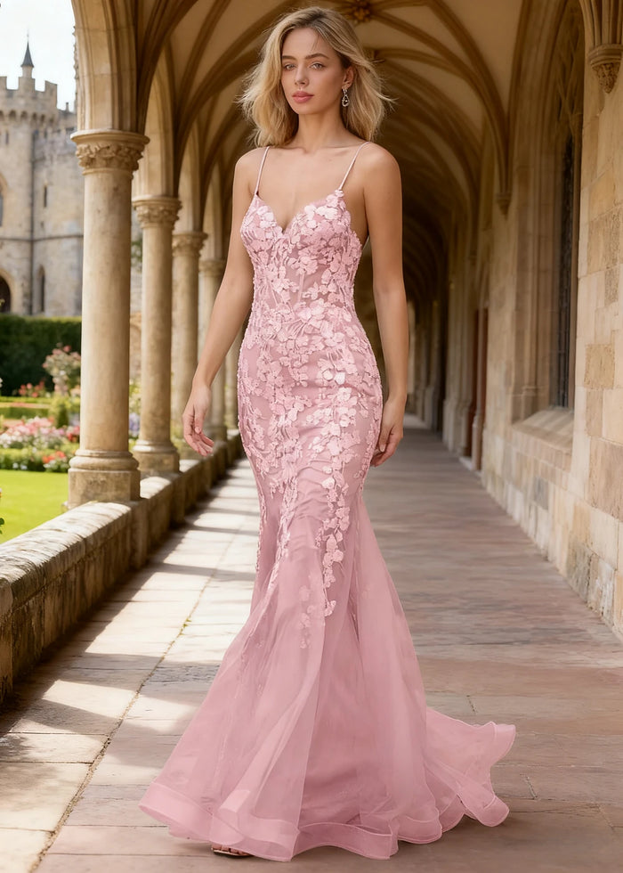 Quinn Pink Flower Mermaid Prom Dress | Spaghetti Strap V - Neck Open Back Tulle Gown - Pink - PromDressClub