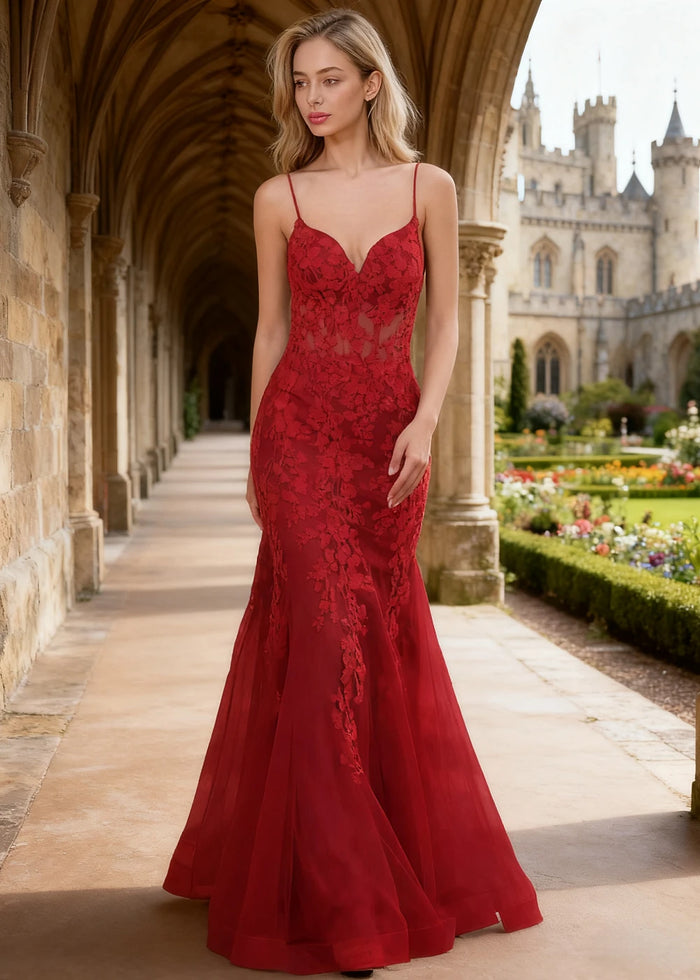 Quinn Red Flower Mermaid Prom Dress | Spaghetti Strap V - Neck Open Back Tulle Gown - Red - PromDressClub