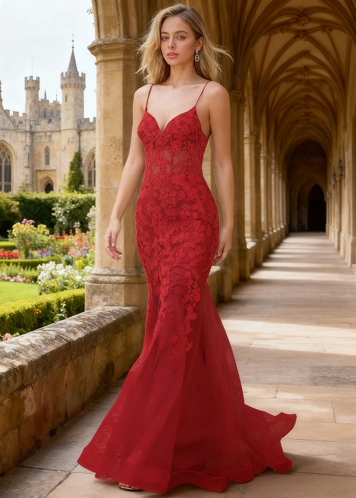 Quinn Red Flower Mermaid Prom Dress | Spaghetti Strap V - Neck Open Back Tulle Gown - Red - PromDressClub