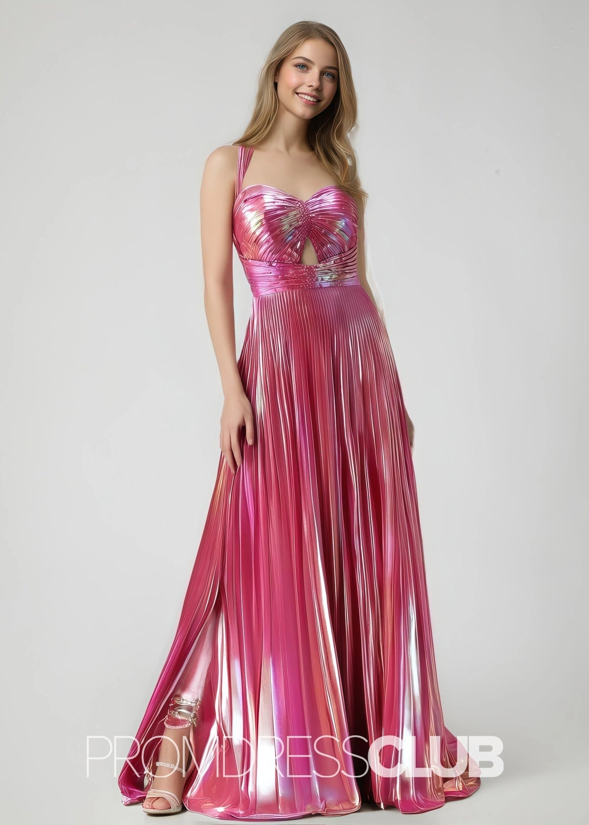 Rae |Long Fuchsia Metallic Prom Dresses Websites With A Line Spaghetti Straps Pleated Slit - Fuchsia - PromDressClub