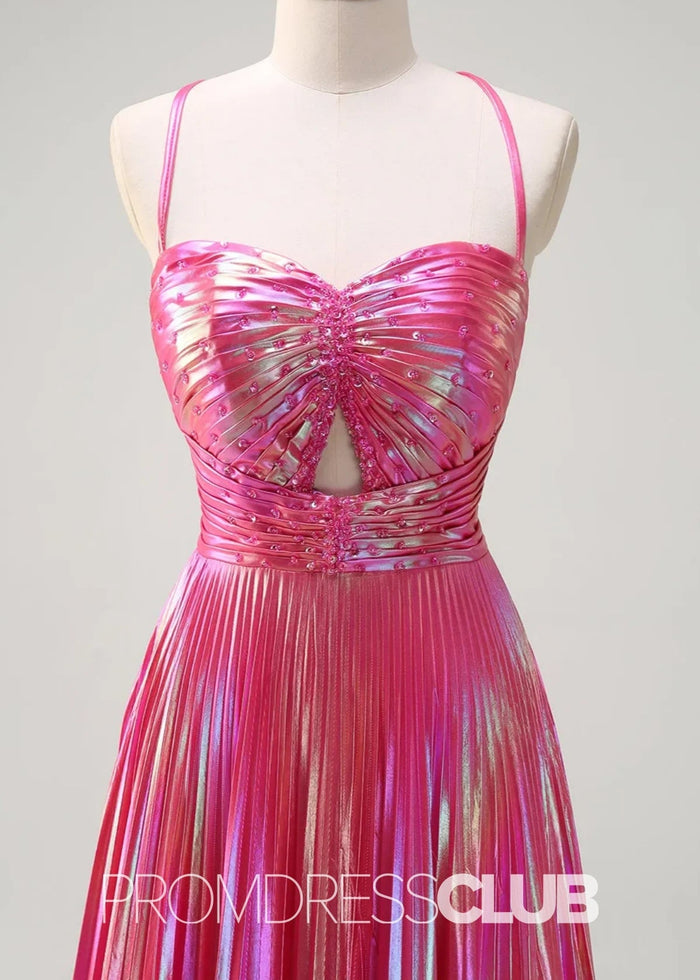 Rae |Long Fuchsia Metallic Prom Dresses Websites With A Line Spaghetti Straps Pleated Slit - Price #price_variant_lowest# - Fuchsia - PromDressClub