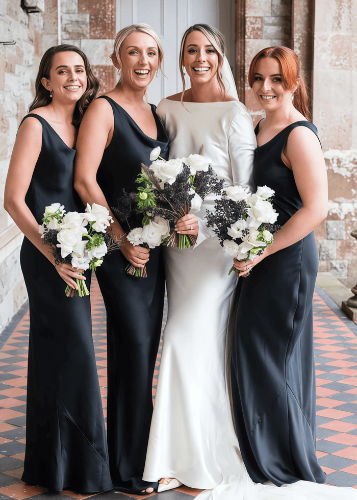 Rae | Mermaid Cowl Neck Black Satin Long Bridesmaid Dress - Price #price_variant_lowest# - Black - PromDressClub