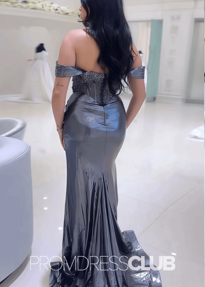 Rebecca |Long Grey Metallic Prom Dresses Websites With Off the Shoulder Ruched Mermaid Beading - Price #price_variant_lowest# - Grey - PromDressClub