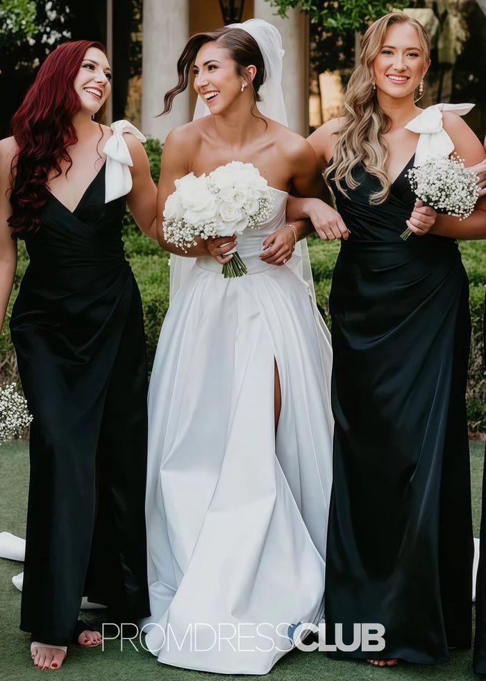 Rebecca | Sheath Column Bow Pleated Black Satin Long Bridesmaid Dress - Price #price_variant_lowest# - Black - PromDressClub