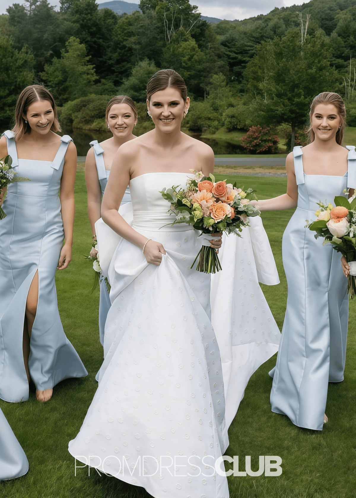 Renata | Elegant Straps Sheath Column Bows Pleats Light Blue Satin Long Bridesmaid Dress - Light Blue - PROMDRESS Club