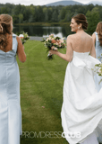 Renata | Elegant Straps Sheath Column Bows Pleats Light Blue Satin Long Bridesmaid Dress - Light Blue - PROMDRESS Club