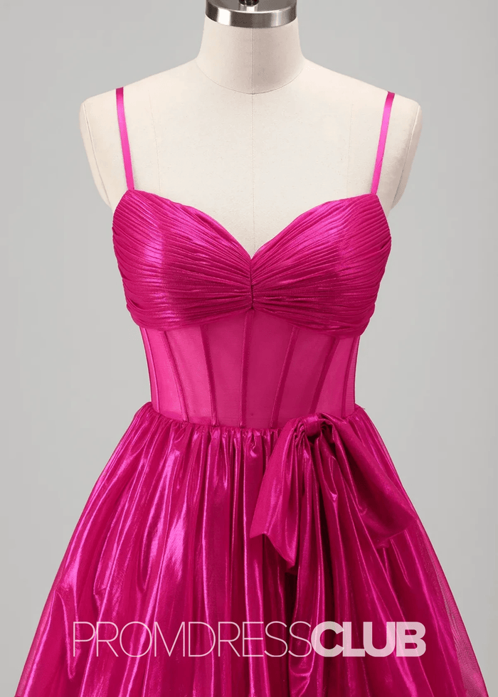 Renata |Long Fuchsia Metallic Prom Dresses Websites With Spaghetti Straps A - Line Tiered Corset Bow - Price #price_variant_lowest# - Fuchsia - PromDressClub