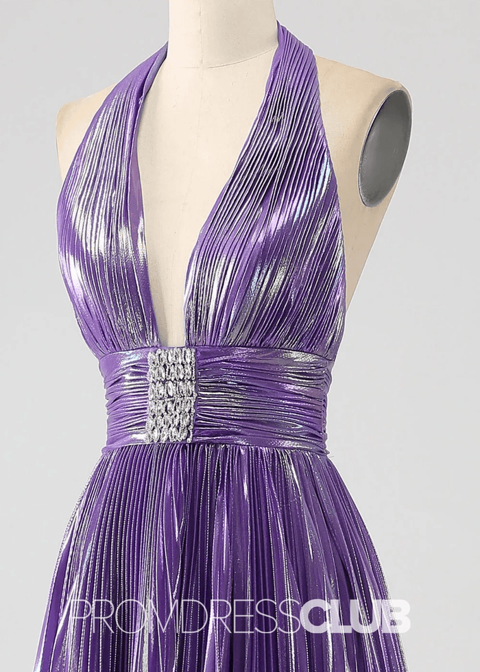 Renee |Long Blue Metallic Prom Dresses Websites With Halter Neck A - Line Pleated Slit - Price #price_variant_lowest# - Purple - PromDressClub