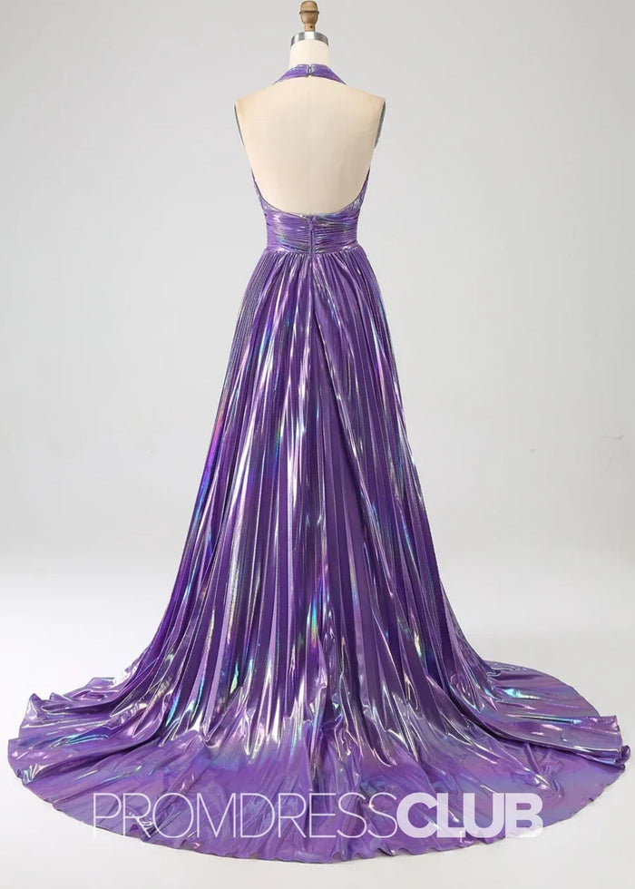 Renee |Long Blue Metallic Prom Dresses Websites With Halter Neck A - Line Pleated Slit - Price #price_variant_lowest# - Purple - PromDressClub