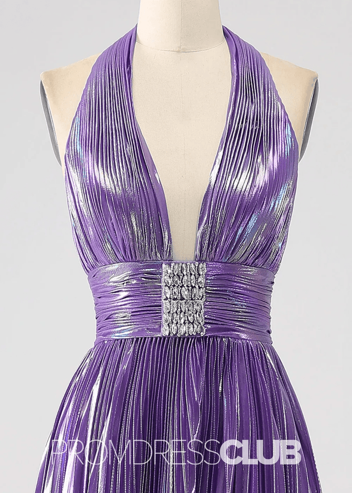 Renee |Long Blue Metallic Prom Dresses Websites With Halter Neck A - Line Pleated Slit - Price #price_variant_lowest# - Purple - PromDressClub