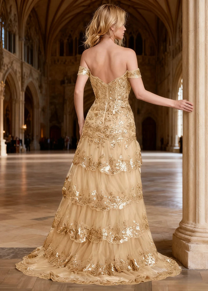 Reverie Champagne Ruffle Off the Shoulder Prom Dress | Mermaid Sweetheart Strapless Sequin Dress Split - US0 - PromDressClub