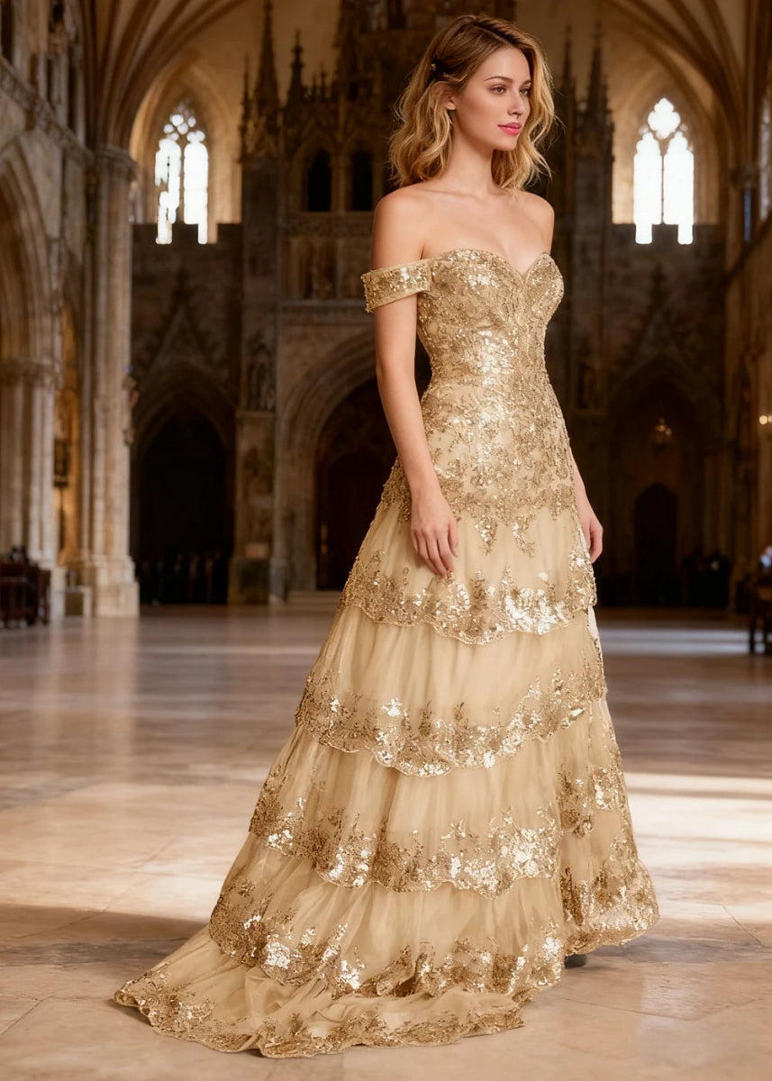 Reverie Champagne Ruffle Off the Shoulder Prom Dress | Mermaid Sweetheart Strapless Sequin Dress Split - US0 - PromDressClub