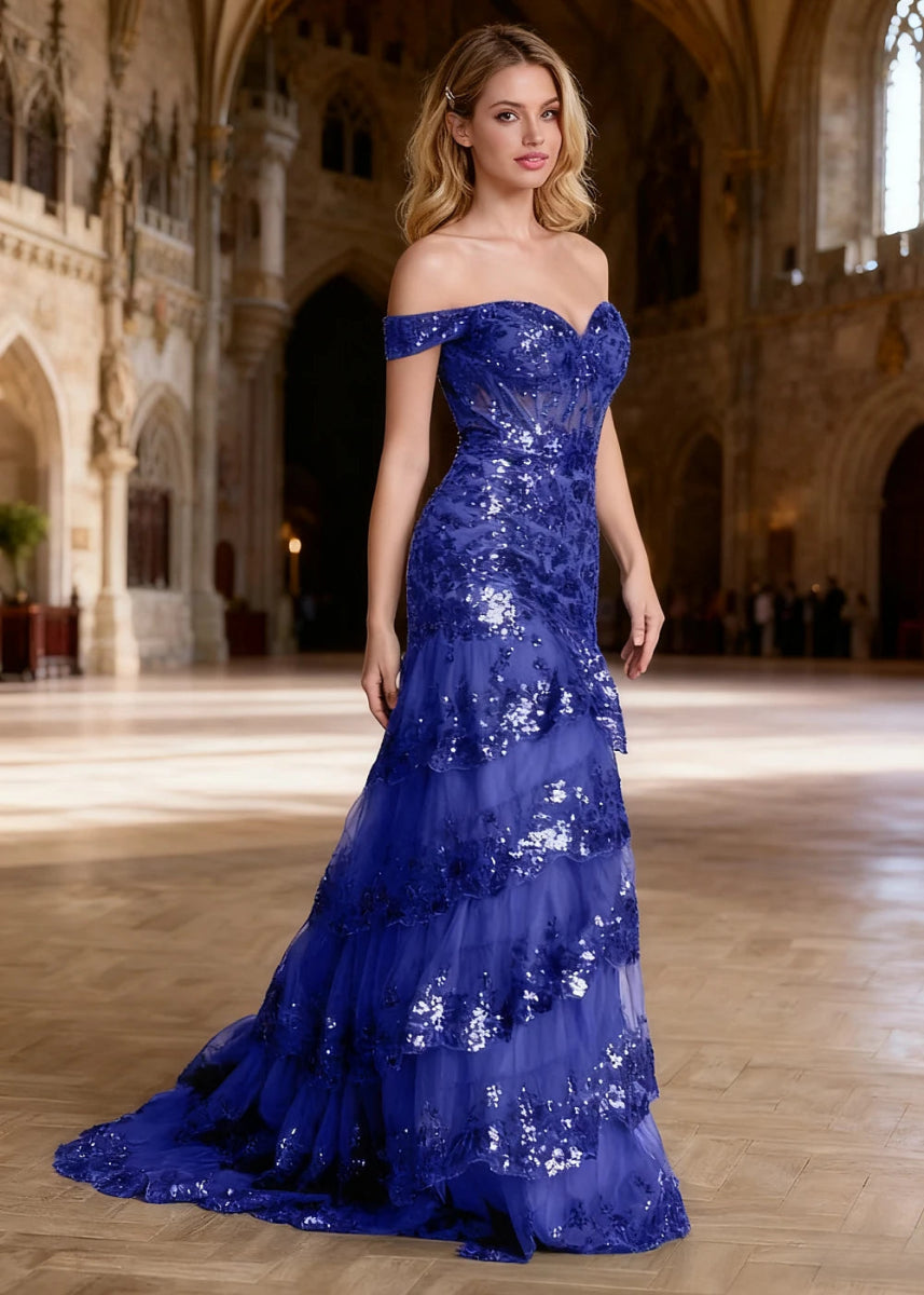 Reverie Royal Blue Ruffle Off the Shoulder Prom Dress | Mermaid Sweetheart Strapless Sequin Dress Split - US0 - PromDressClub
