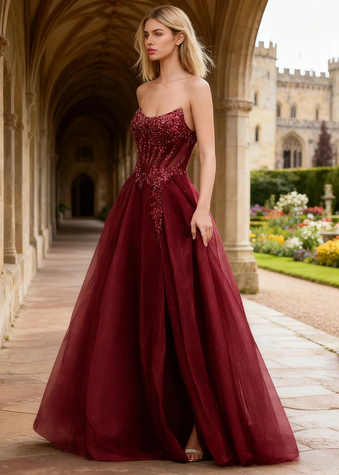 Rhea Burgundy Corset Glitter Prom Dress | A - Line Strapless Floor Length Formal Dress with Slit - Burgundy - PromDressClub