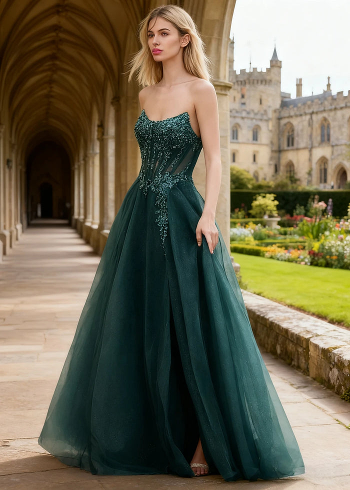 Rhea Dark Green Corset Glitter Prom Dress | A - Line Strapless Floor Length Formal Dress with Slit - Dark Green - PromDressClub