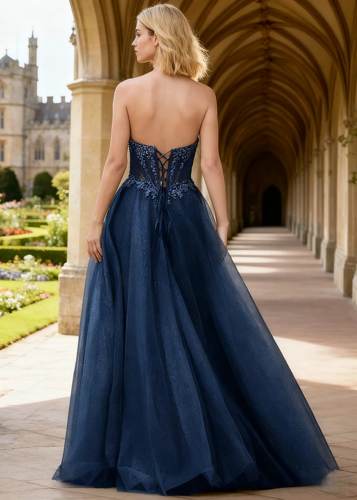 Rhea Navy Blue Corset Glitter Prom Dress | A - Line Strapless Floor Length Formal Dress with Slit - Navy Blue - PromDressClub