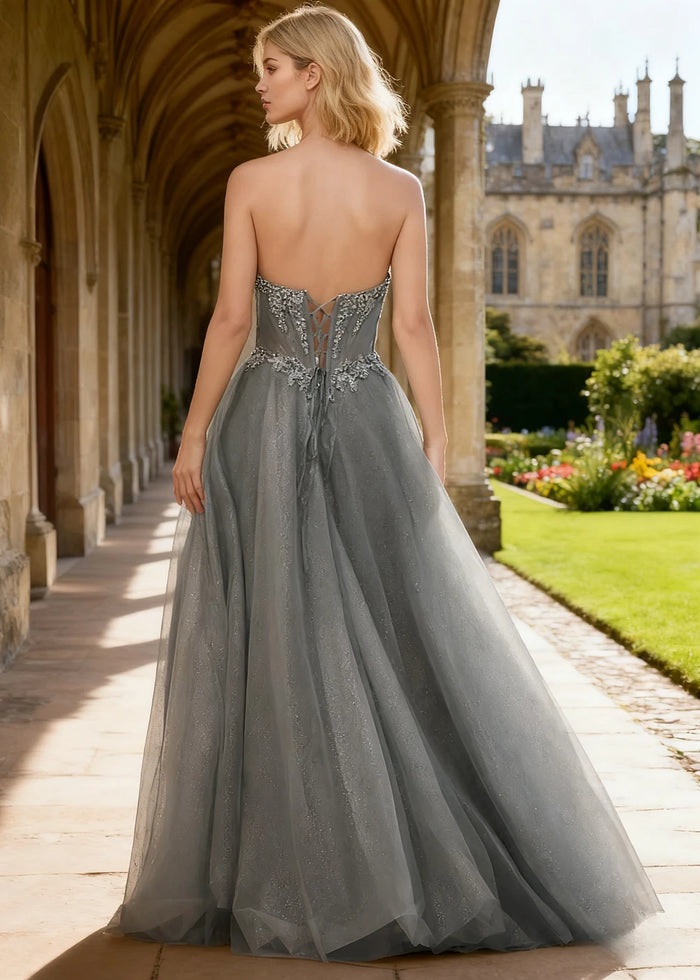Rhea Silver Corset Glitter Prom Dress | A - Line Strapless Floor Length Formal Dress with Slit - Silver - PromDressClub