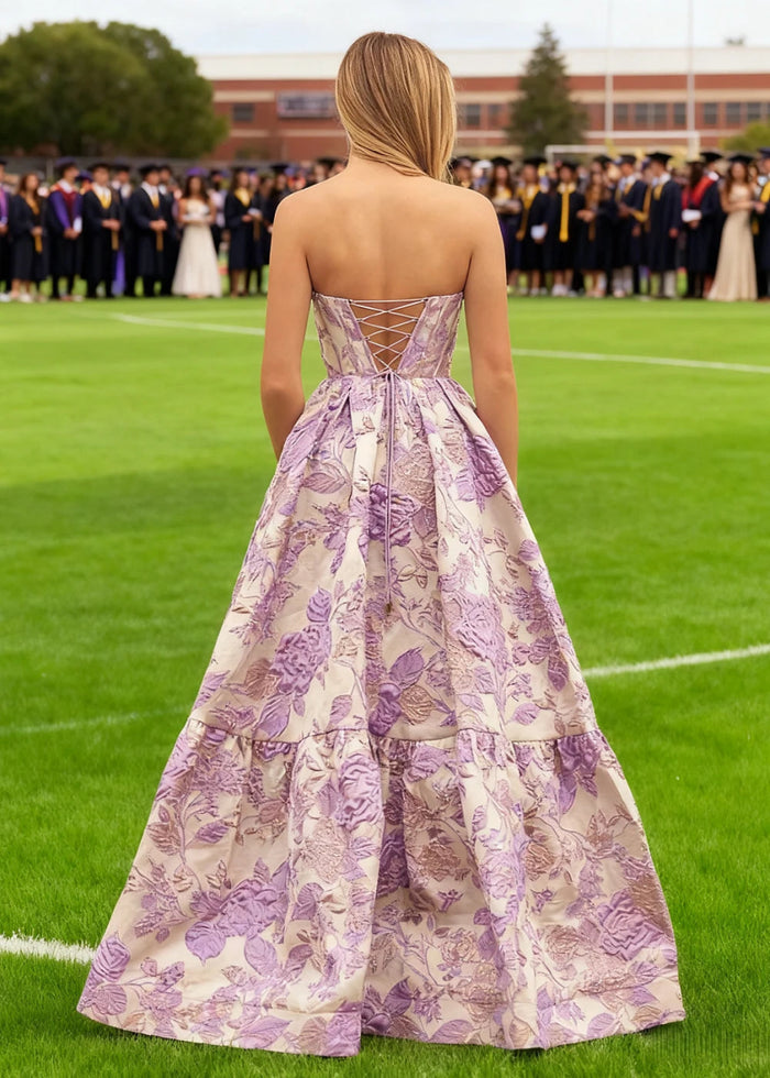 Rhythm Pink Floral Strapless Corset Prom Dress | A - Line Sweetheart Neckline Backless Floor Length Dress - Lavender - PromDressClub