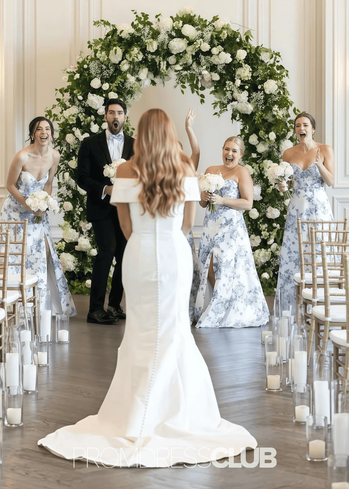 Rita | A Line Strapless White Blue Printing Floral Satin Maxi Formal Dress - Price #price_variant_lowest# - Blue Floral - PromDressClub