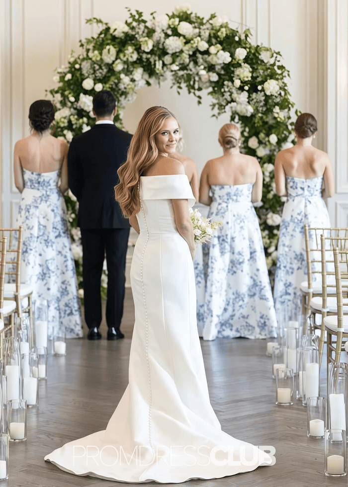 Rita | A Line Strapless White Blue Printing Floral Satin Maxi Formal Dress - Price #price_variant_lowest# - Blue Floral - PromDressClub